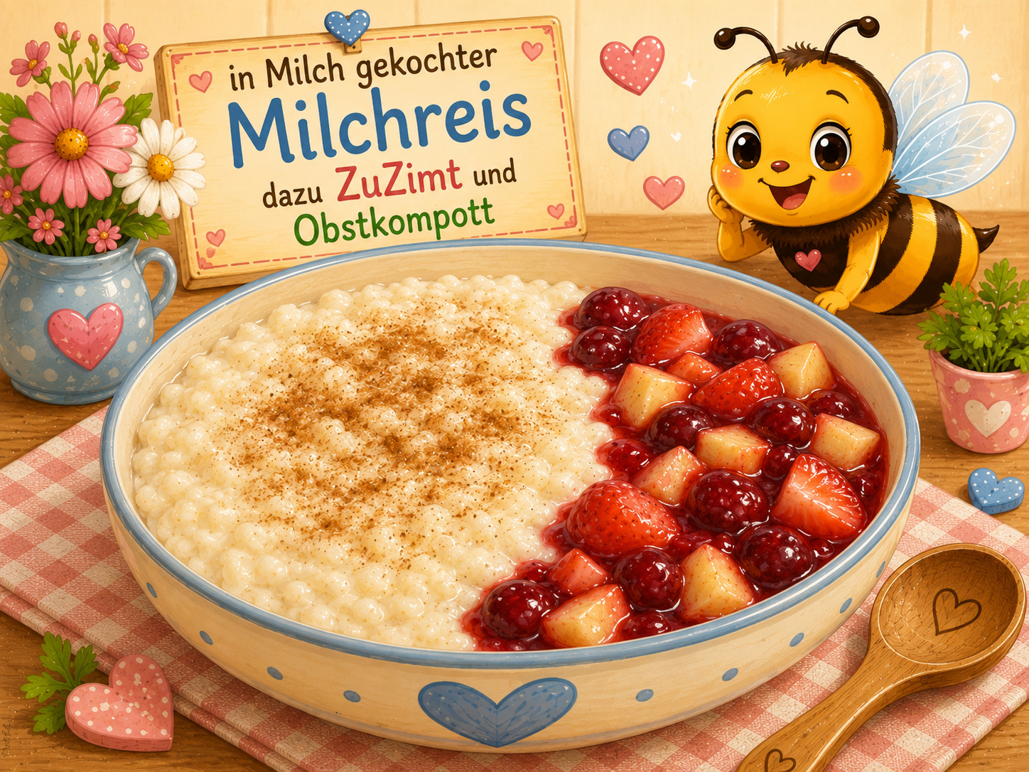 in Milch gekochter Milchreis dazu ZuZimt und Obstkompott - Alternativsuppe