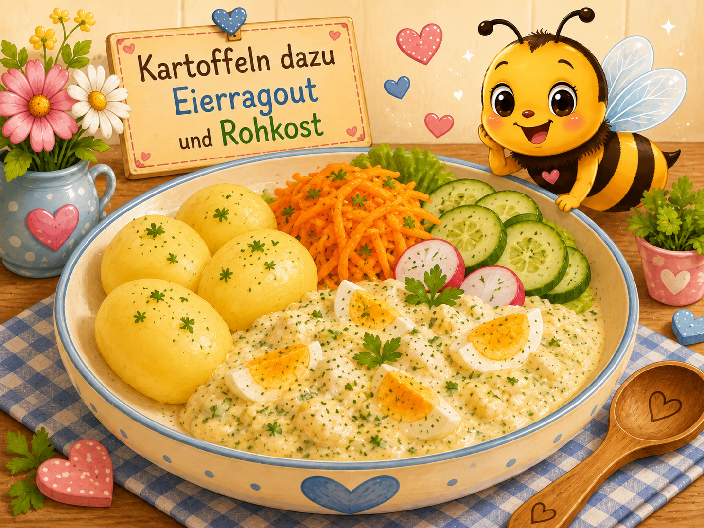 Kartoffeln dazu Eierragout und Rohkost