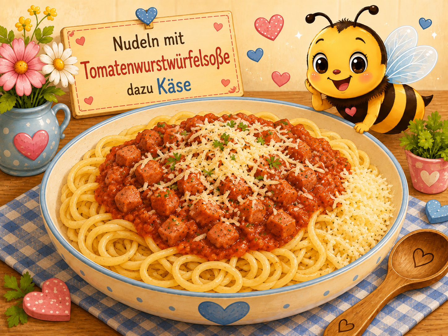 Nudeln mit Tomatenwurstwürfelsoße dazu Käse