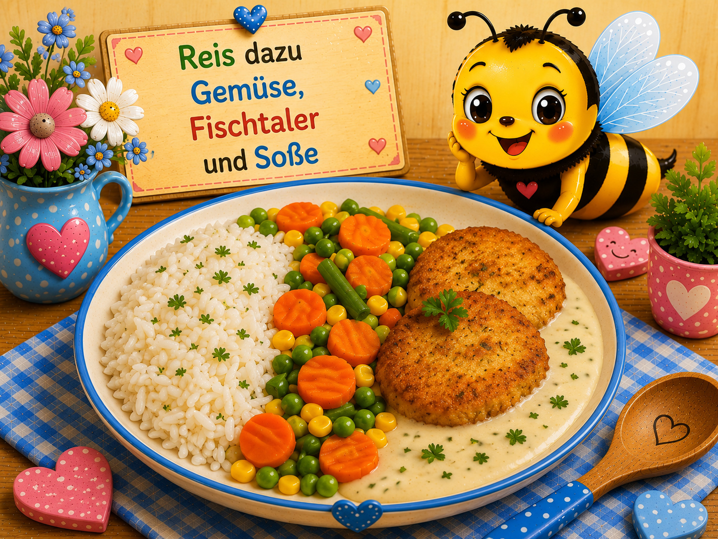Reis dazu Gemüse, Fischtaler und Soße