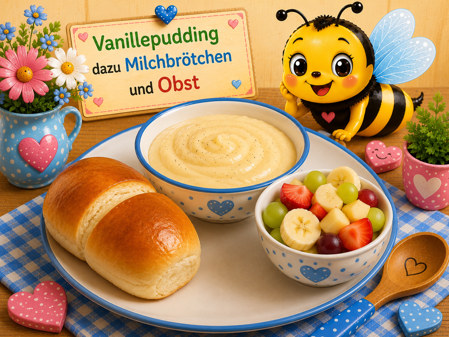 Vanillepudding dazu Milchbrötchen und Obst - Alternativsuppe