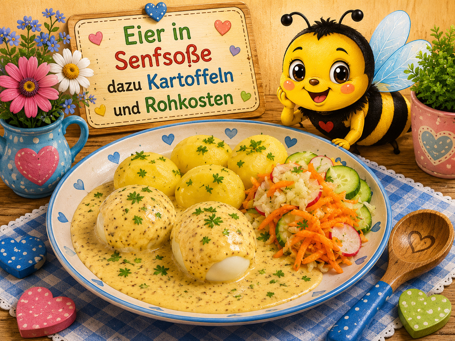 Eier in Senfsoße dazu Kartoffeln und Rohkosten