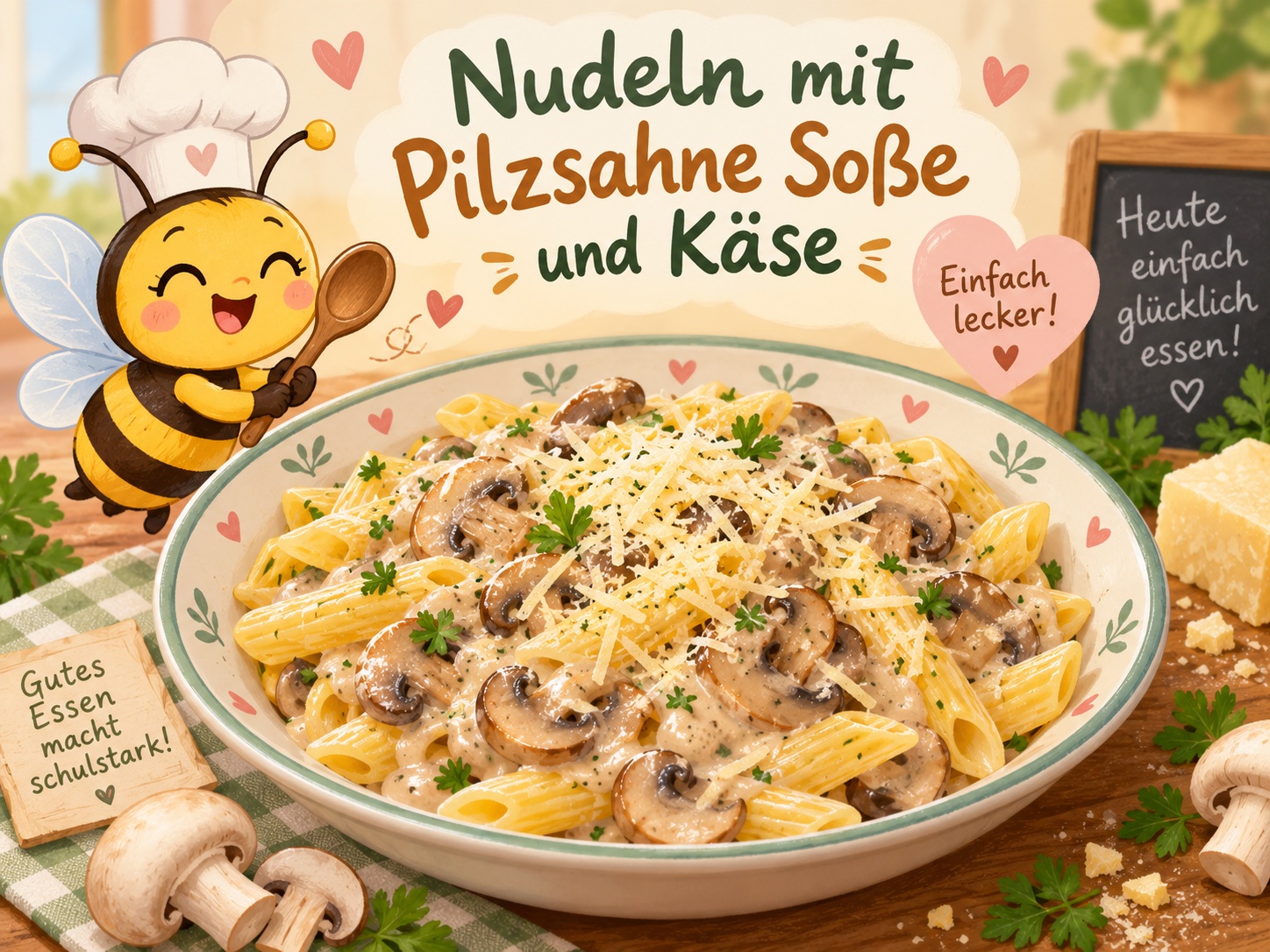 Nudeln mit Pilzsahne Soße und Käse